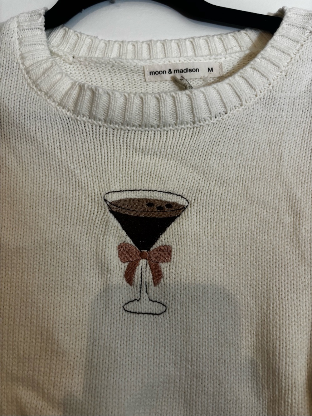 moon & madison Cream Knit Crewneck Sweater with Embroidered Martini